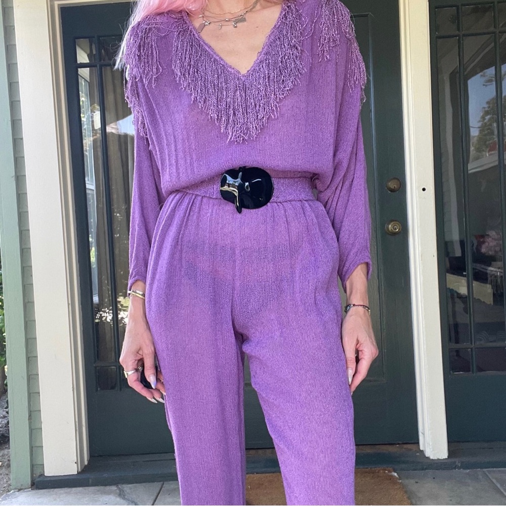 Vintage 80s Fringe Lavender Knit Jumpsuit